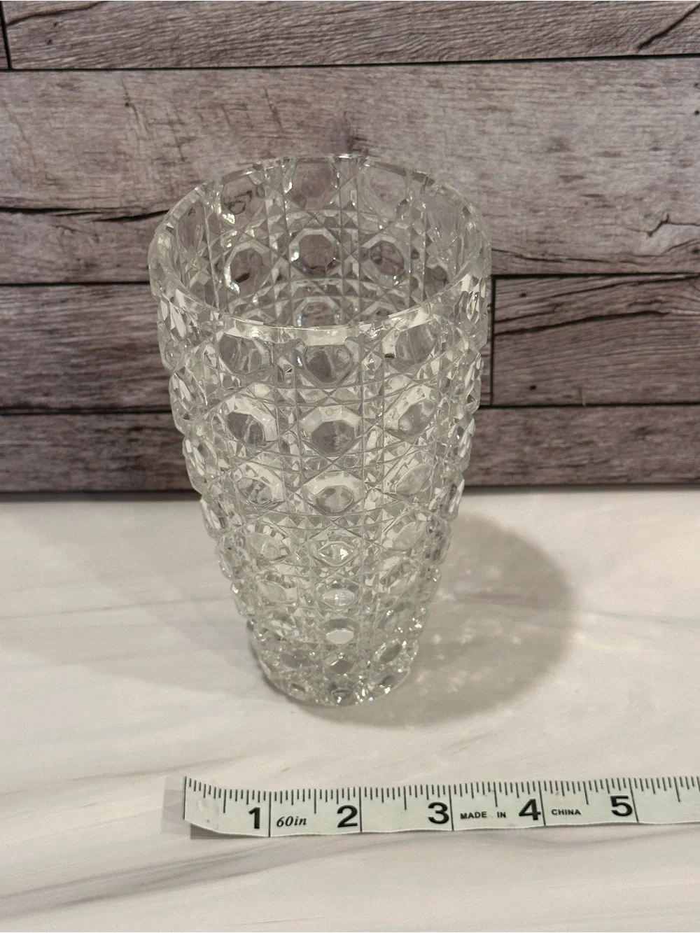 Vintage Hand Cut Crystal Vase Heavy Brilliant Glass Button Cane Octagonal 6 Inch